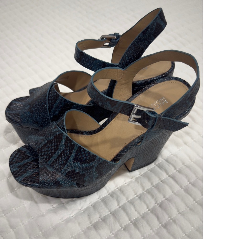 Michael Kors Blue Snakeskin Embossed Leather Platform Block Heel Sandals 7M